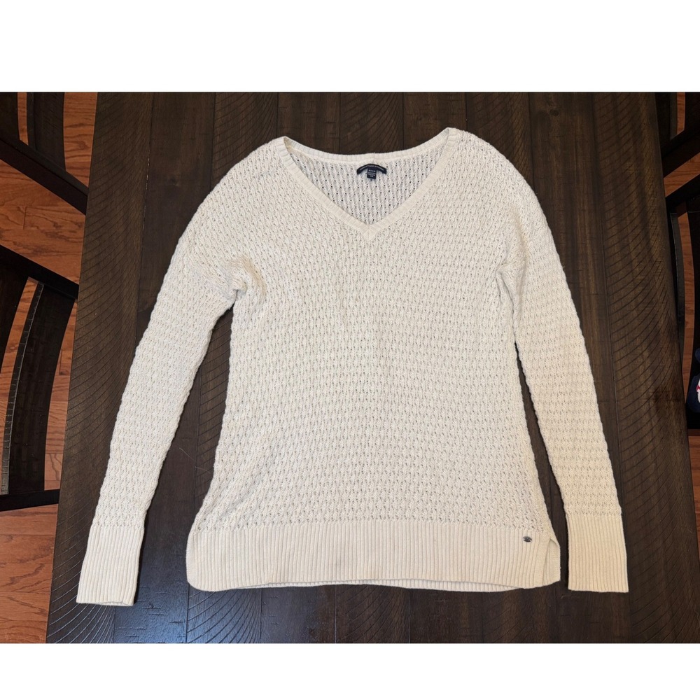 American Eagle Outfitters Cream‎ Pointelle V-Neck Sweater Womens Medium